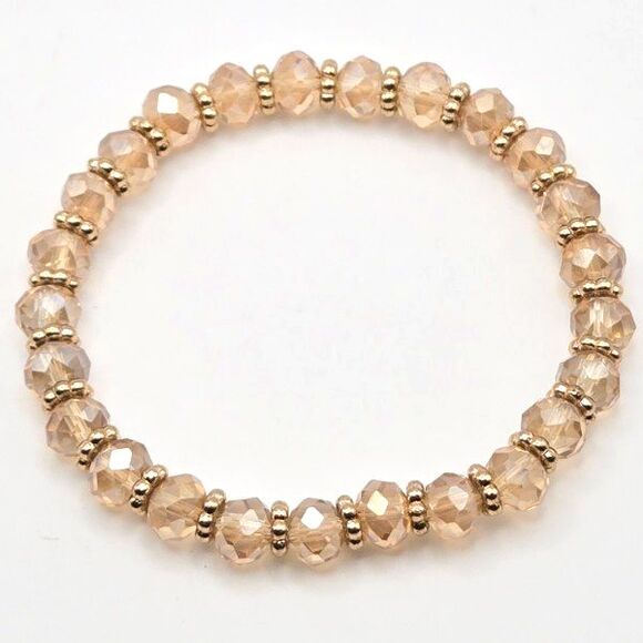 Set of Three Handmade Gold Tone and Brown Faceted Glass Beaded Stretch Bracelets - Picture 3 of 5